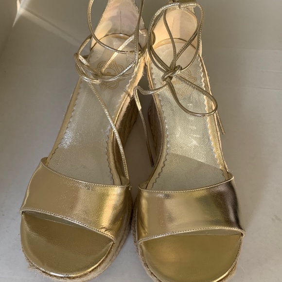 Elle Shiny gold leather sandals tie-up espadrille wedges with high platform US10 - Picture 4 of 12